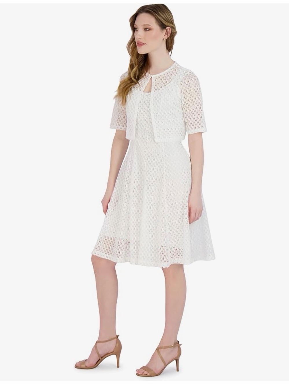 Signature by Robbie Bee White Lace Midi Dress with Cropped Overlay Size PM